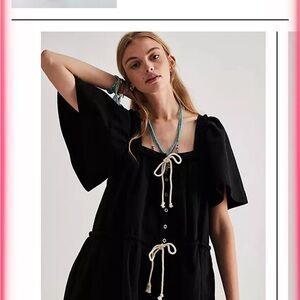 Free People Black Square-Neck Button Front Romper with Tie Details NWOT